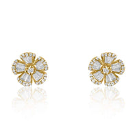 Flower Studs with Baguette Diamond Earrings.  14K Yellow Gold: 1.50 grams 52 Diamonds: 0.14 ct 20 Baguette Diamonds: 0.23 ct