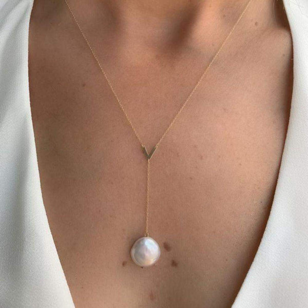 Baroque Pearl Lariat with 14K Yellow Gold Necklaces.