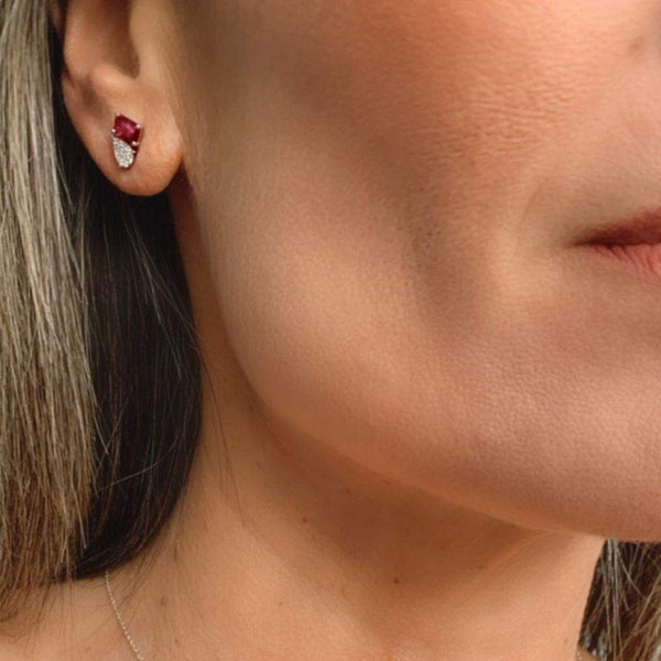 14K White Gold Diamond & Ruby Huggies Earrings