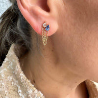 Blue Sapphire & Diamond Studs with 14K Yellow Gold Chain Earrings