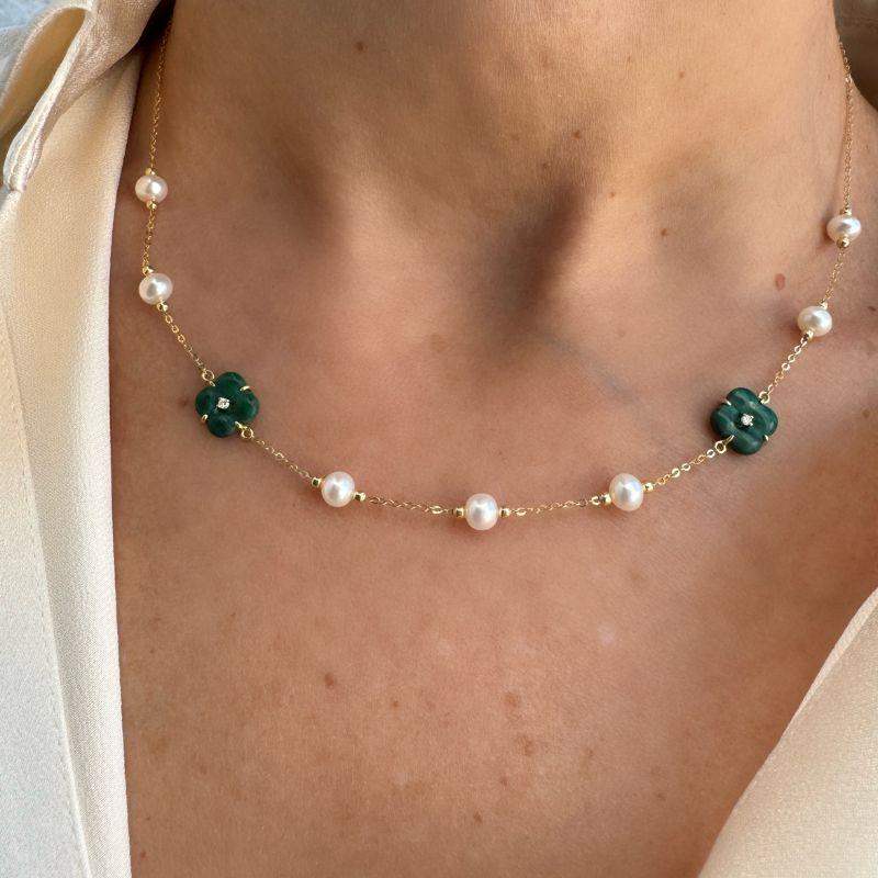 Set  Malachite Clover & Pearl Necklace & Earrings