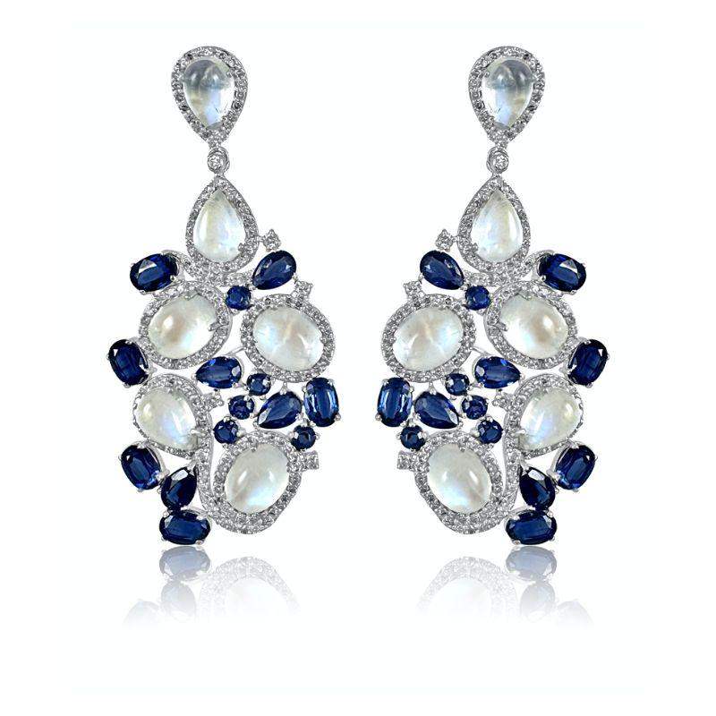 Aretes de piedra lunar con cianita y diamantes