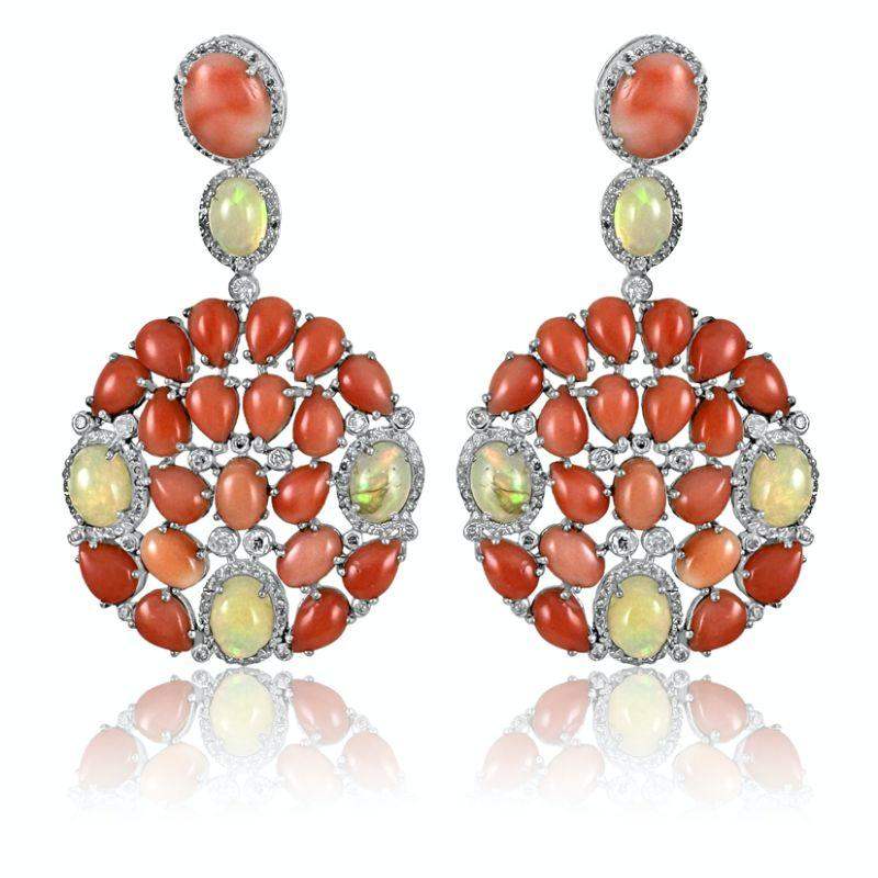 Aretes círculo colgante de coral rosa con ópalo y diamantes