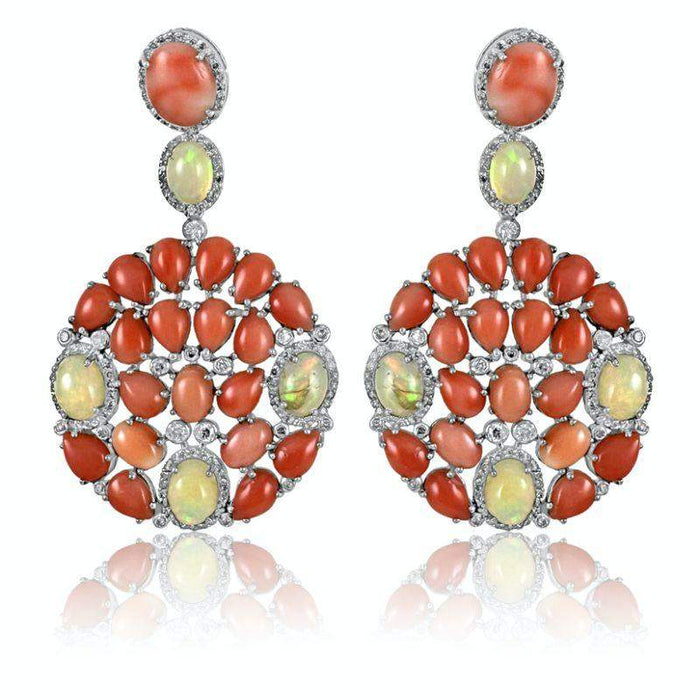 Aretes círculo colgante de coral rosa con ópalo y diamantes