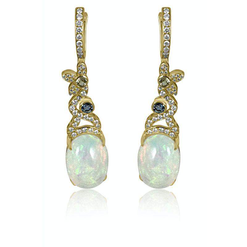 Aretes largos de oro amarillo con ópalo, aguamarina y diamantes