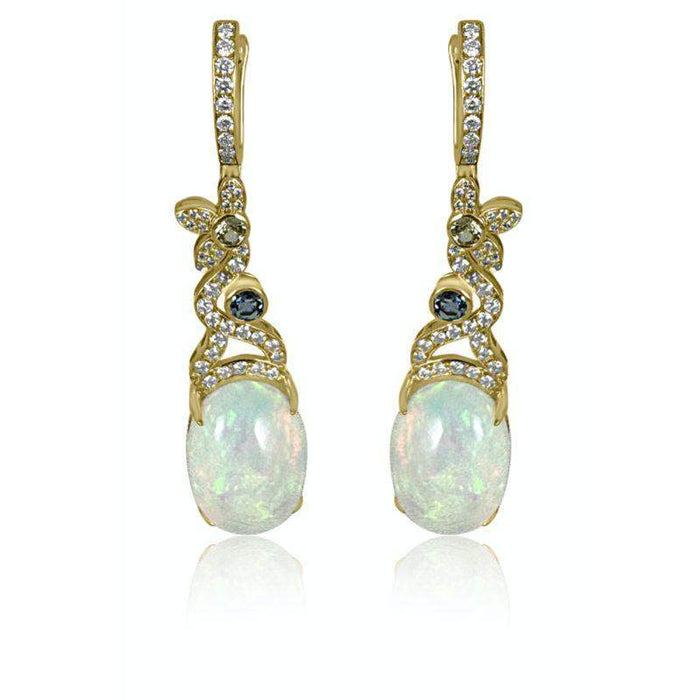 Opal with Aquamarine & Diamond on 14K Yellow Gold Long Earrings