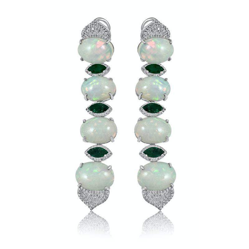 Aretes largos de ópalo etíope, esmeralda y diamantes