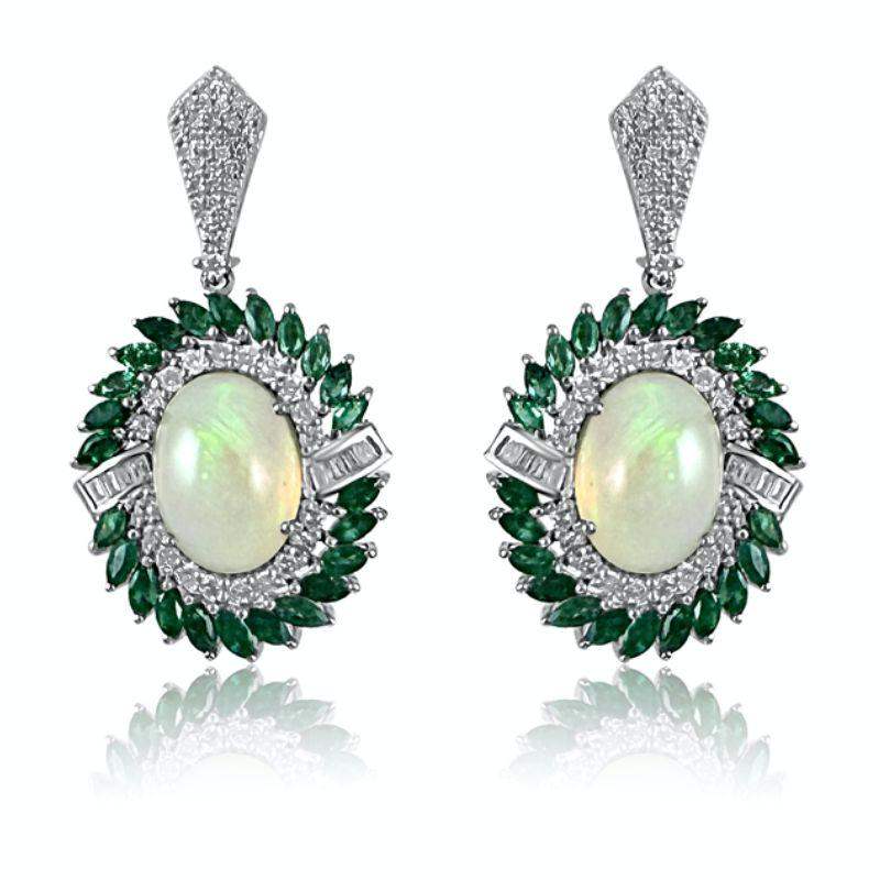 Aretes de ópalo y esmerlada con diamantes