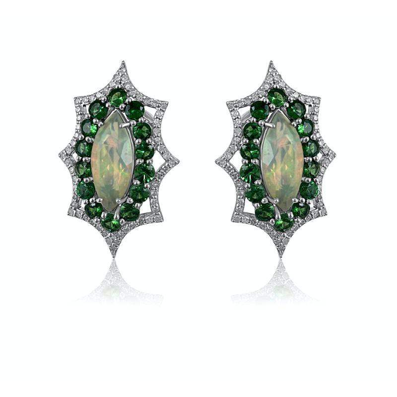 Aretes de ópalo y tsavorita con diamantes
