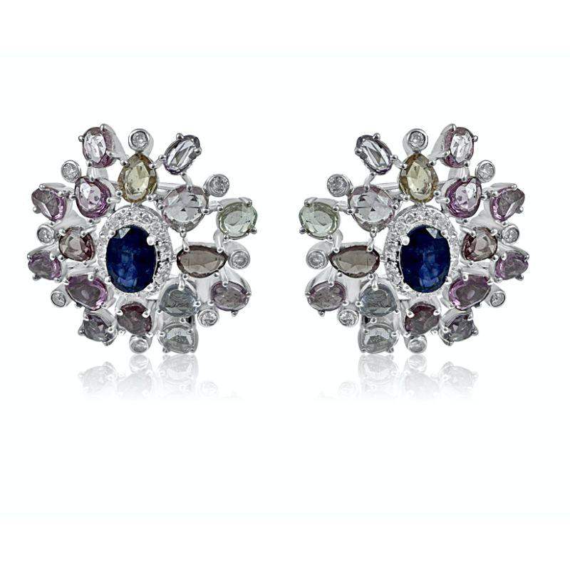 Aretes circulares de corte de zafiro multicolor y cianita
