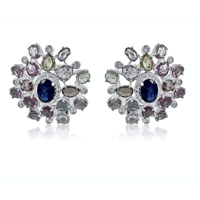 Aretes circulares de corte de zafiro multicolor y cianita