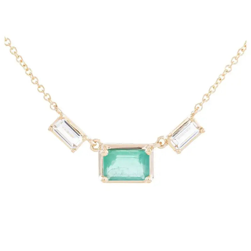 Emerald & White Topaz Pendant with 14K Yellow Gold Necklace