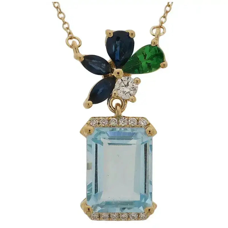 Set Blue Topaz with Tsavorite & Sapphire Flower Necklace & Earrings