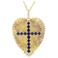 14K Yellow Gold Flute Heart with Sapphire Cross Necklaces