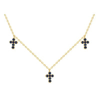 Three Mini Sapphire Crosses on 14K Yellow Gold Necklaces