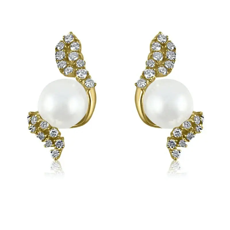 Diamond Leaves & Pearl Stud Earrings