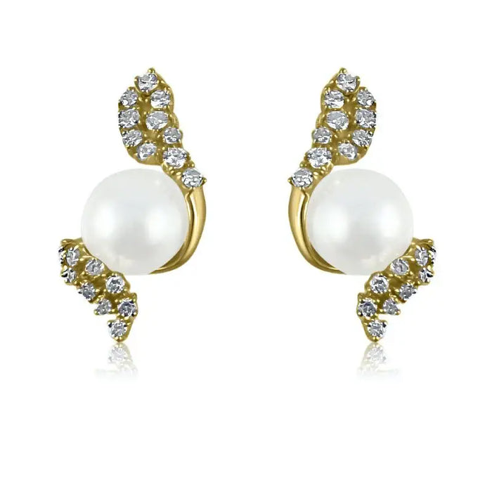 Diamond Leaves & Pearl Stud Earrings