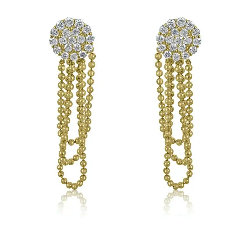 Circle Diamonds on Yellow Gold String Beads Earrings