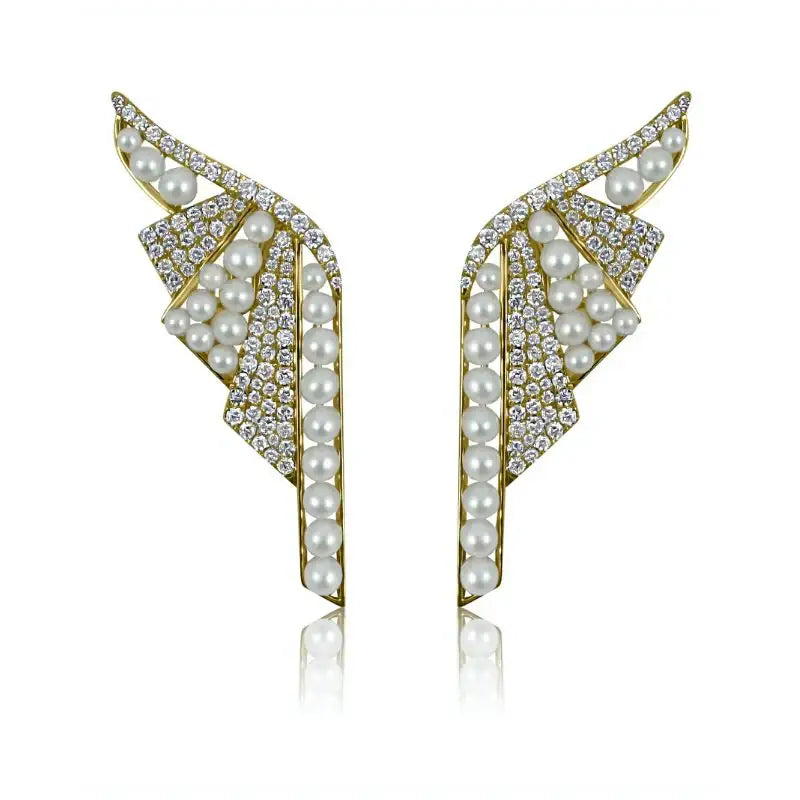 14K Yellow Gold Diamond & Pearl Winged Earrings