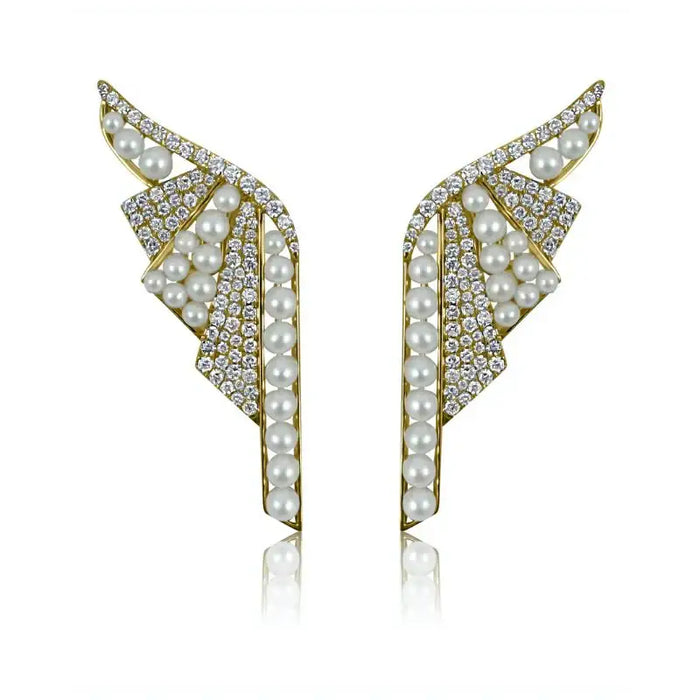 14K Yellow Gold Diamond & Pearl Winged Earrings