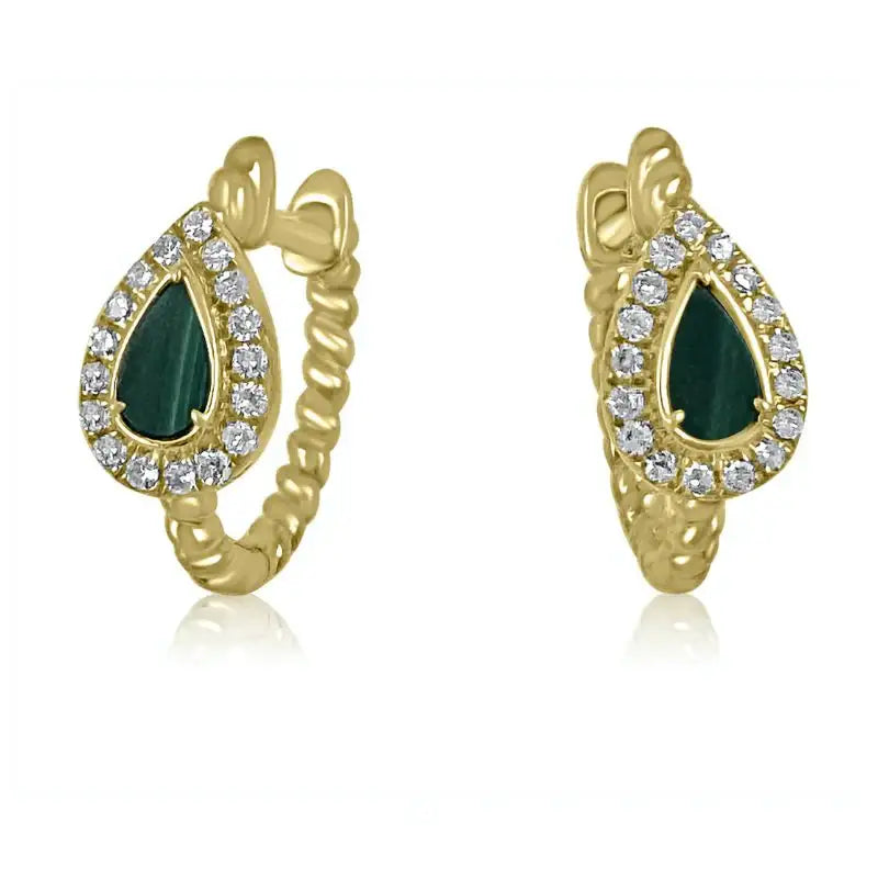 Drop Malachite & Diamond Huggies with 14K Yellow Gold Earrings