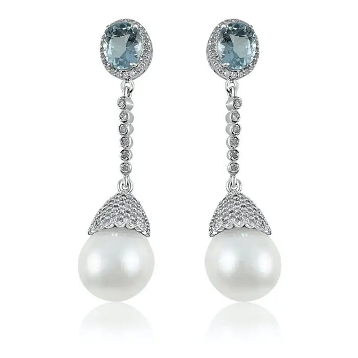 Long Pearl with Aquamarine Oval & Diamond Earrings
