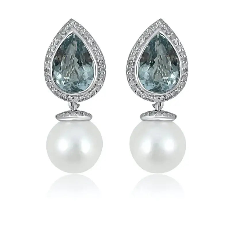Aretes en gota de aguamarina y perla