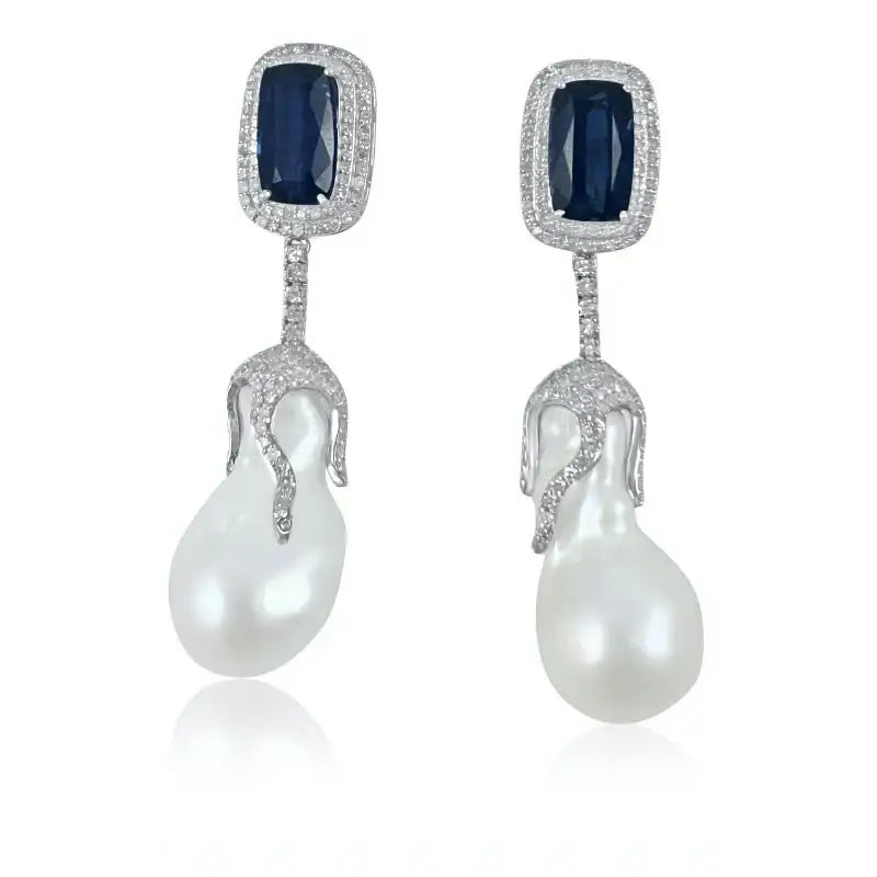 Aretes de perla con cianita y diamantes