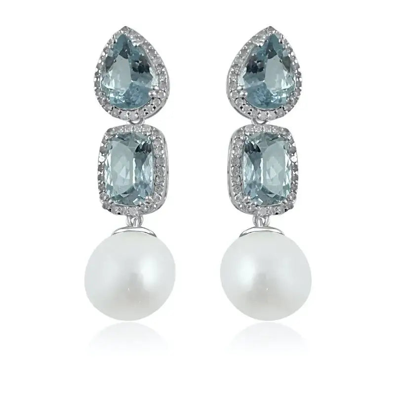 Aretes de doble aguamarina y perlas