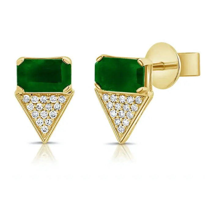 Emerald & Diamond Triangle Stud on 14K Yellow Gold Earrings