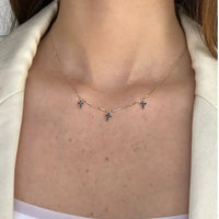 Three Mini Sapphire Crosses on 14K Yellow Gold Necklaces