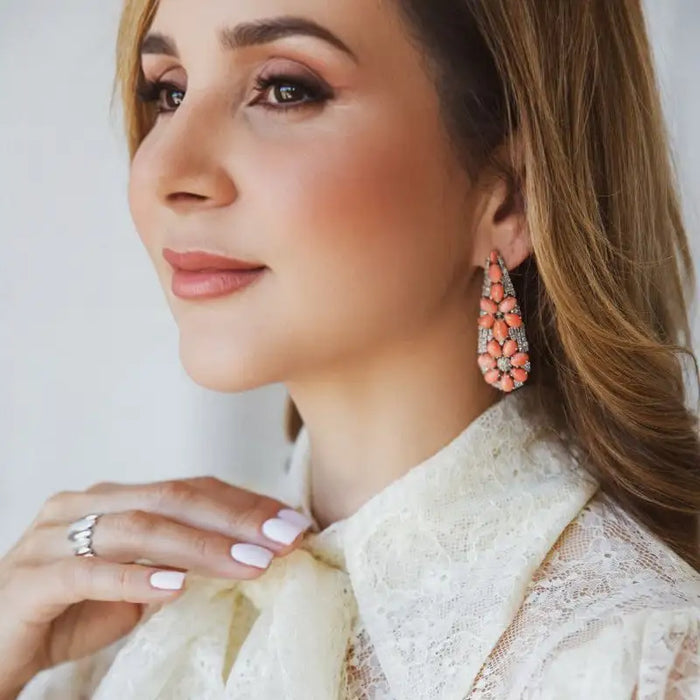 Long Flower Coral & Diamond Earrings