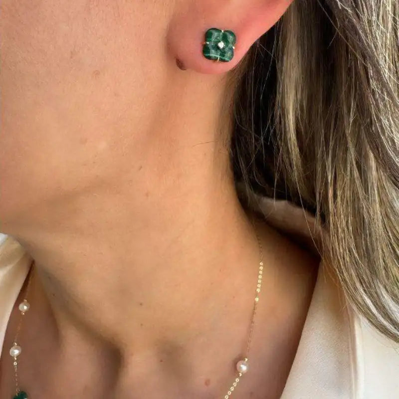 Set  Malachite Clover & Pearl Necklace & Earrings