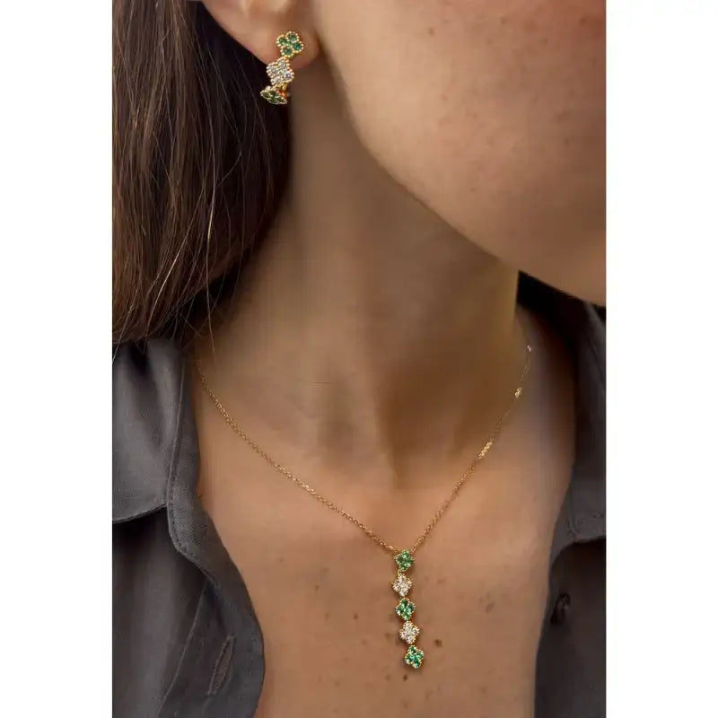 Set Emerald & Diamond Clover Earrings & Necklace