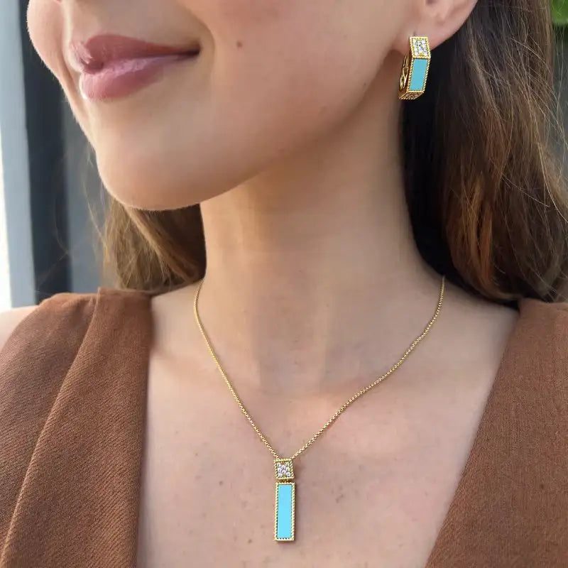 Set Squared Turquoise with Diamond Necklace & Earrings