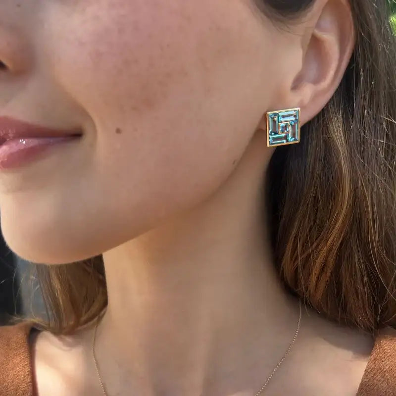 Set Baguette Blue Topaz Pendant Necklace & Earrings