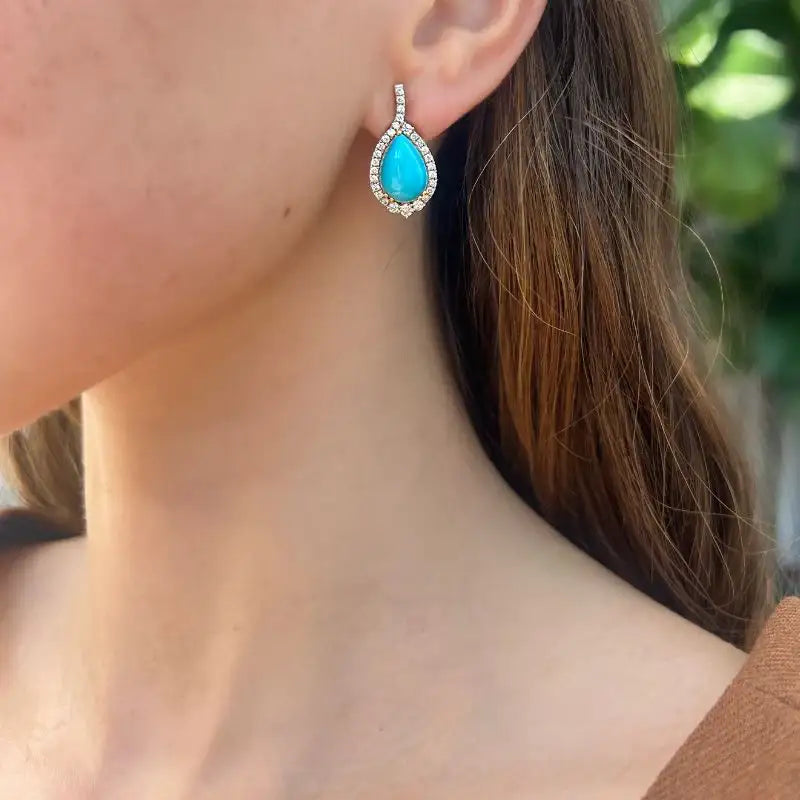 Sleeping Beauty Turquoise & Diamond Teardrop Earrings in 14K Gold