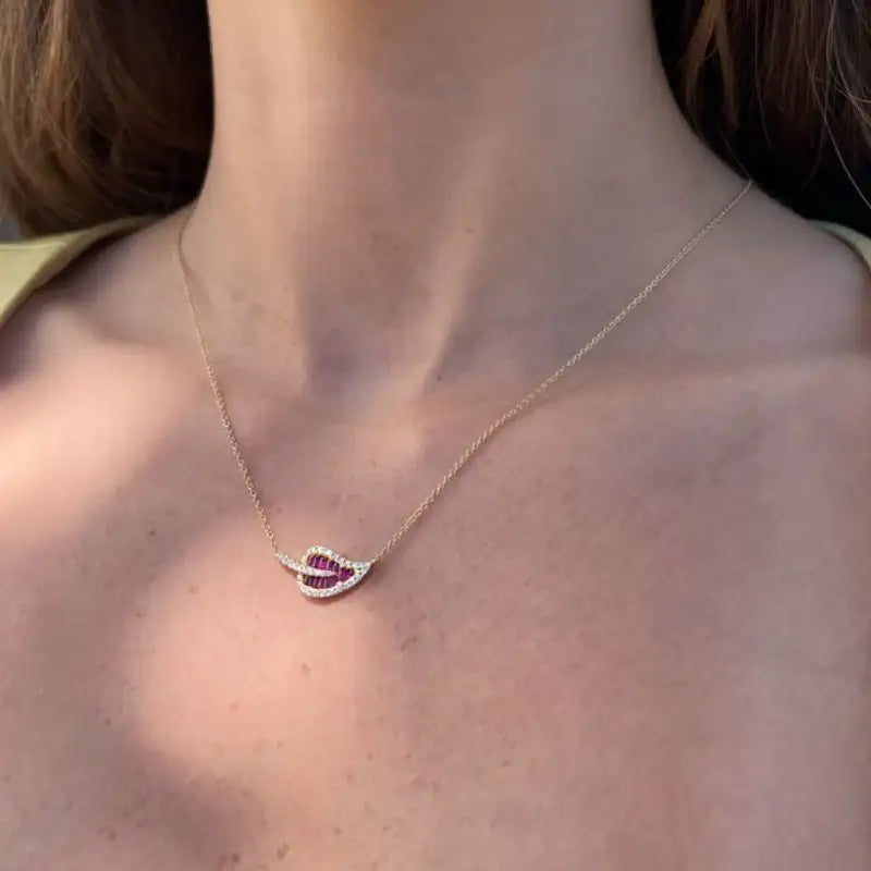 Ruby Leaf & Diamonds with 14K Yellow Gold Necklace