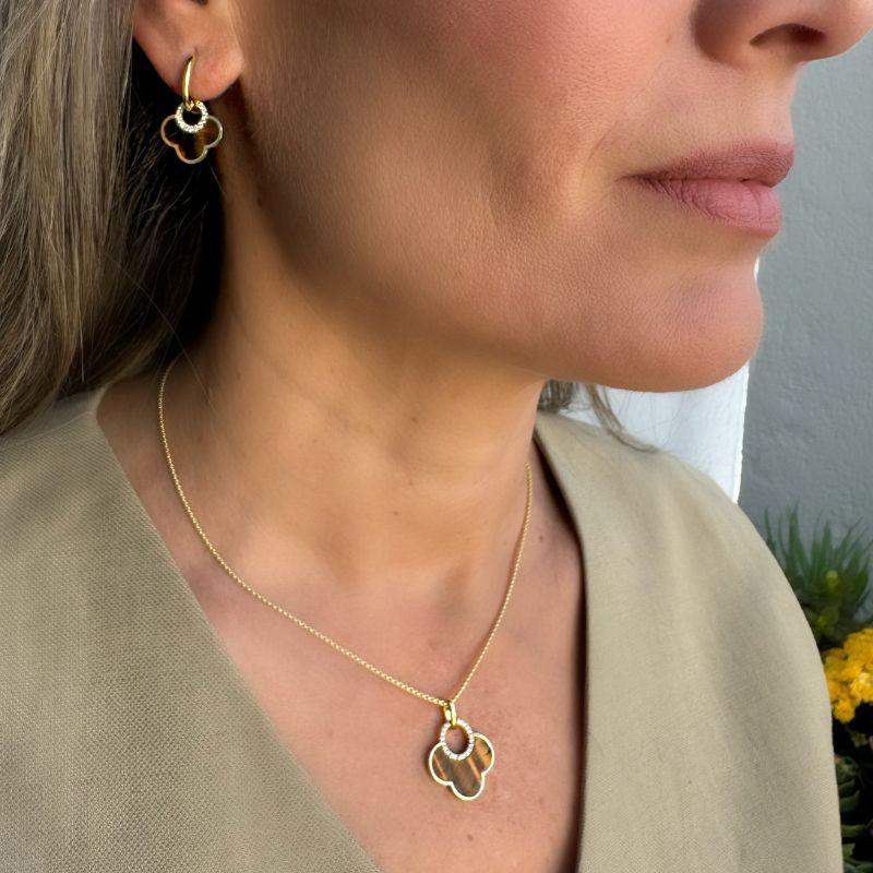 Set Tigers Eye & Diamond Pendant Necklace & Earrings