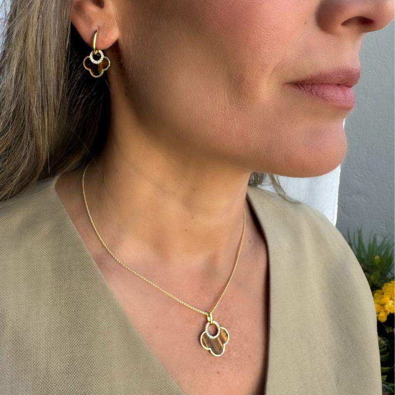 Set Tigers Eye & Diamond Pendant Necklace & Earrings