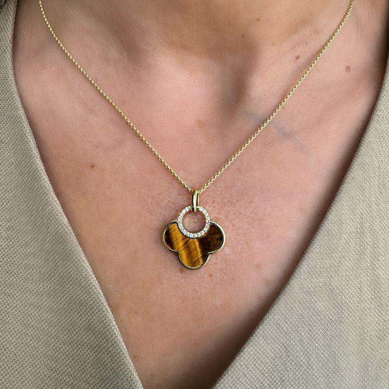 Set Tigers Eye & Diamond Pendant Necklace & Earrings