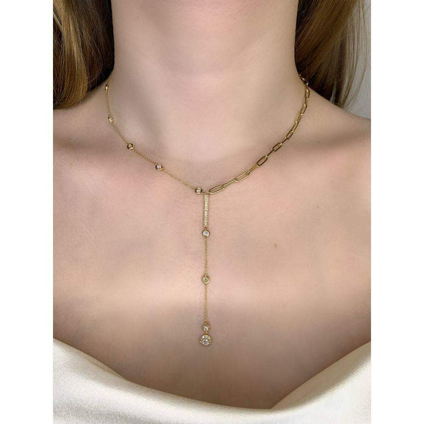 14K Yellow Gold Lariat Diamonds Spaced & Paperclip Necklace