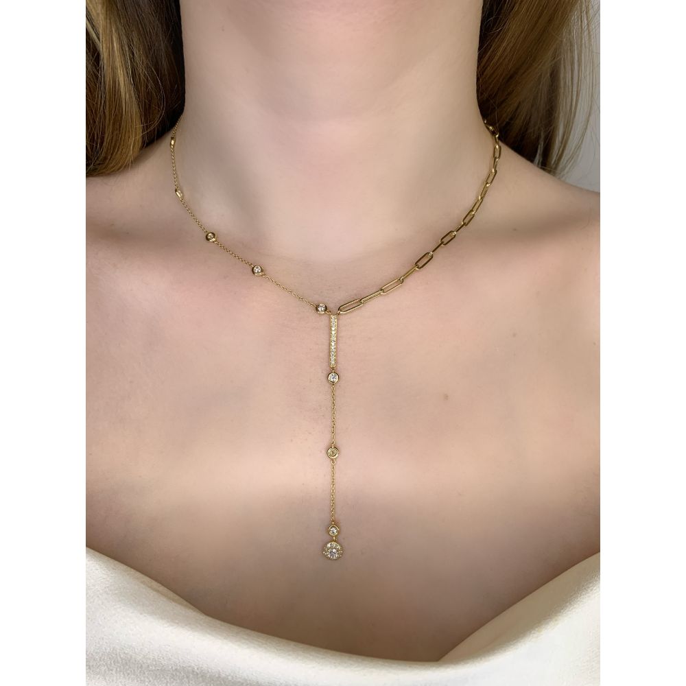 14K Yellow Gold Lariat Diamonds Spaced & Paperclip Necklace