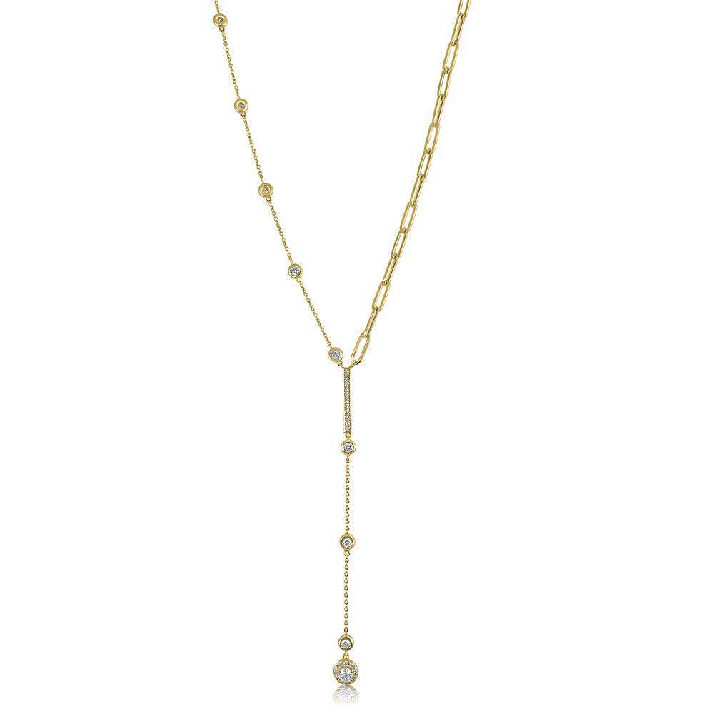 14K Yellow Gold Lariat Diamonds Spaced & Paperclip Necklace