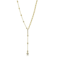 14K Yellow Gold Lariat Diamonds Spaced & Paperclip Necklace