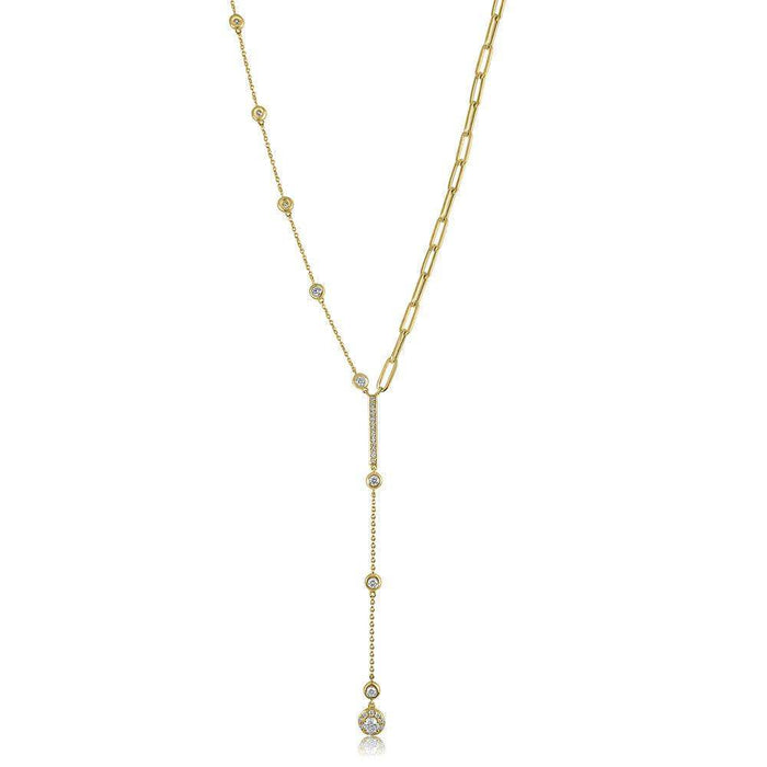 14K Yellow Gold Lariat Diamonds Spaced & Paperclip Necklace
