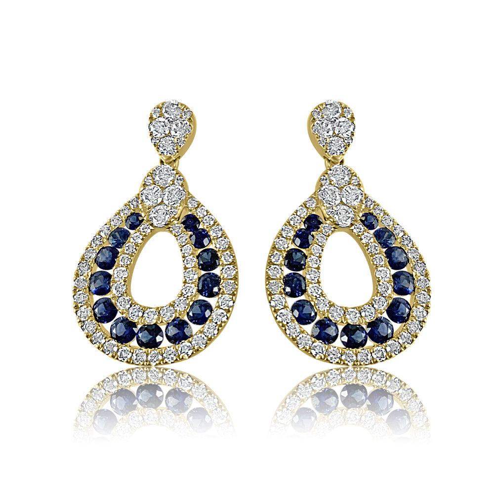 Elegant and modern 14K Yellow Gold Sapphires with Diamond earrings.  14K Yellow Gold weight: 4.68 grams 134 Diamonds: 1.46 ct 26 Blue Sapphire: 1.51 ct Gold Post