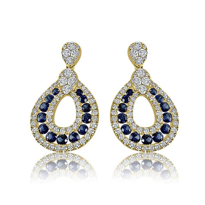Elegant and modern 14K Yellow Gold Sapphires with Diamond earrings.  14K Yellow Gold weight: 4.68 grams 134 Diamonds: 1.46 ct 26 Blue Sapphire: 1.51 ct Gold Post