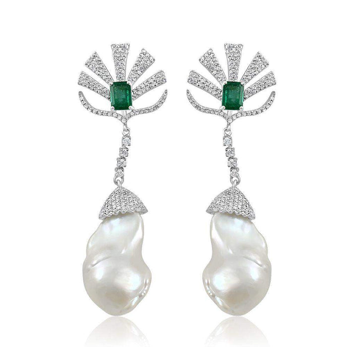 Baroque Pearl with Diamond & Emerald Deco Earrings