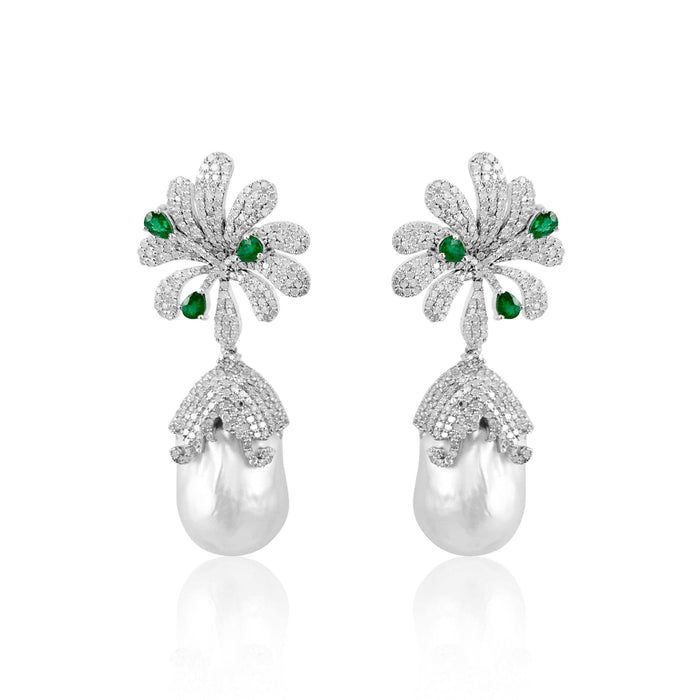 This pair of earrings are perfect for special occasions, this design gives the piece a feminine touch.  Diamond: 4.71 ct Emerald: 0.65 ct Pearl Baroque: 60.01 ct Silver with Rhodium Plated weight: 13.42 grams Gold Post: 0.15 grams